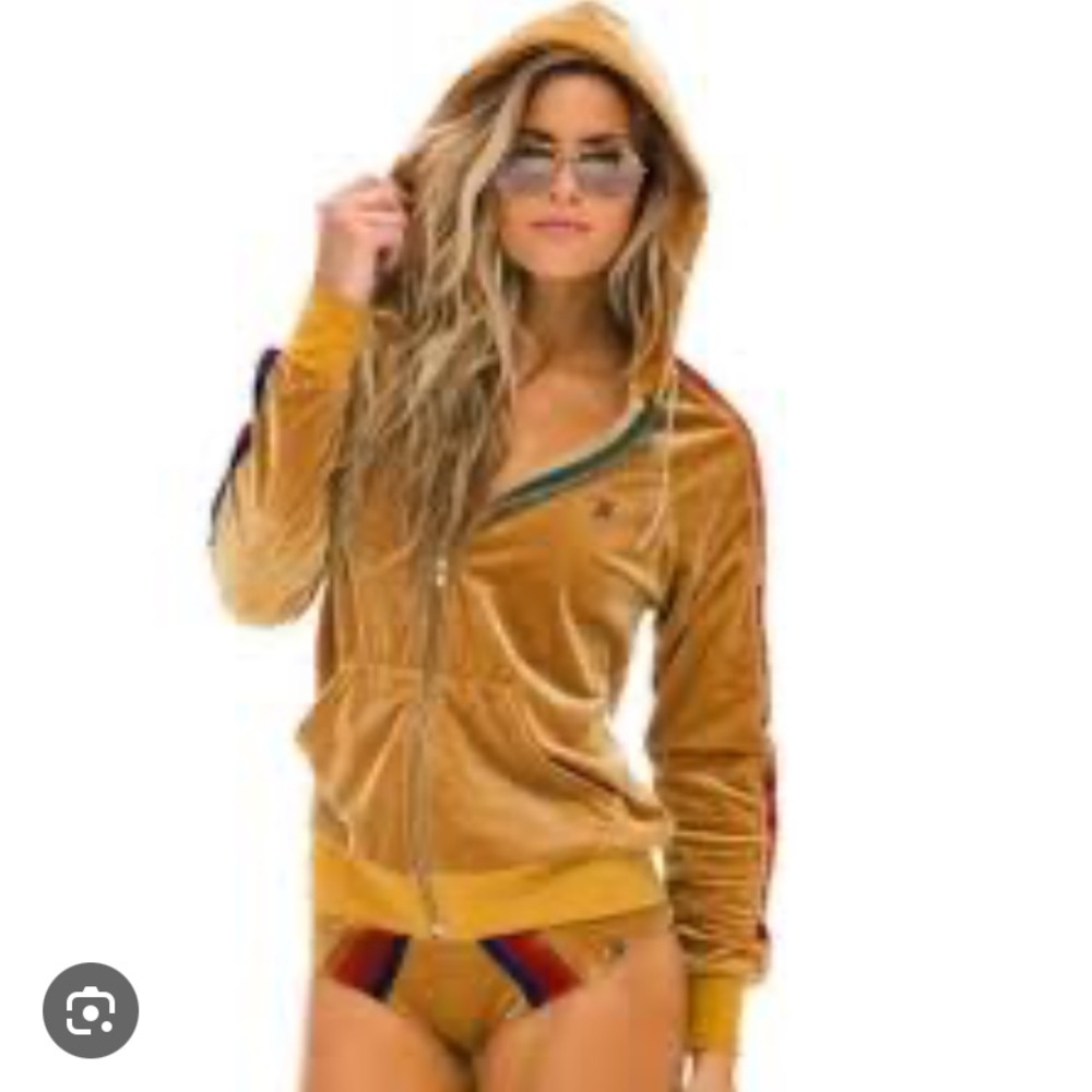 Aviator Nation Gold Velvet Velour Rainbow Stripe Zip Up Hoodie XS